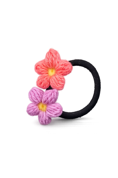 Black elastic hairband with a coral and a lilac crochet puff flower
