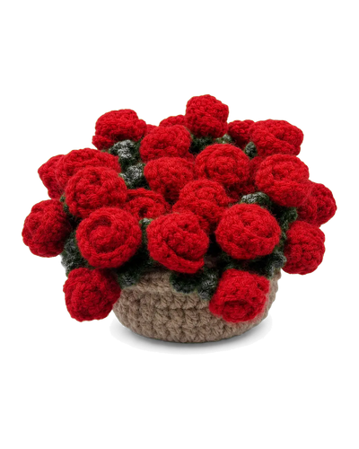 Red crochet rose coaster set nested together as a pot of roses in a brown crochet holder