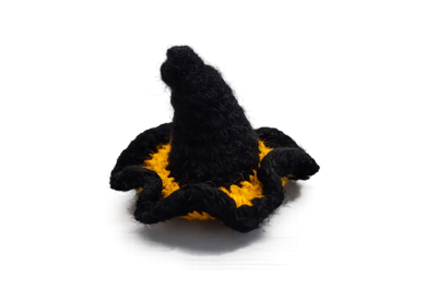 Black crochet witch hat keyring with a yellow band under the brim