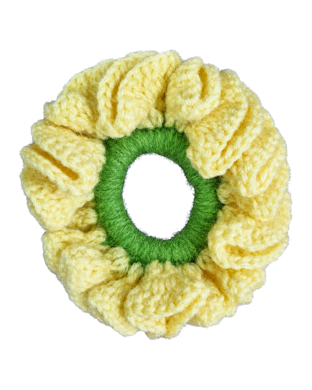 Pale yellow hand-crocheted scrunchie with a ruffled texture and a green inner band