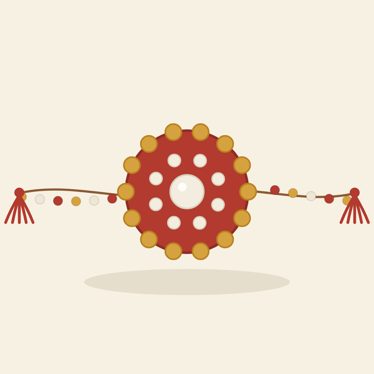 Illustration of a red and gold beaded rakhi with a pearl centre on a beaded thread