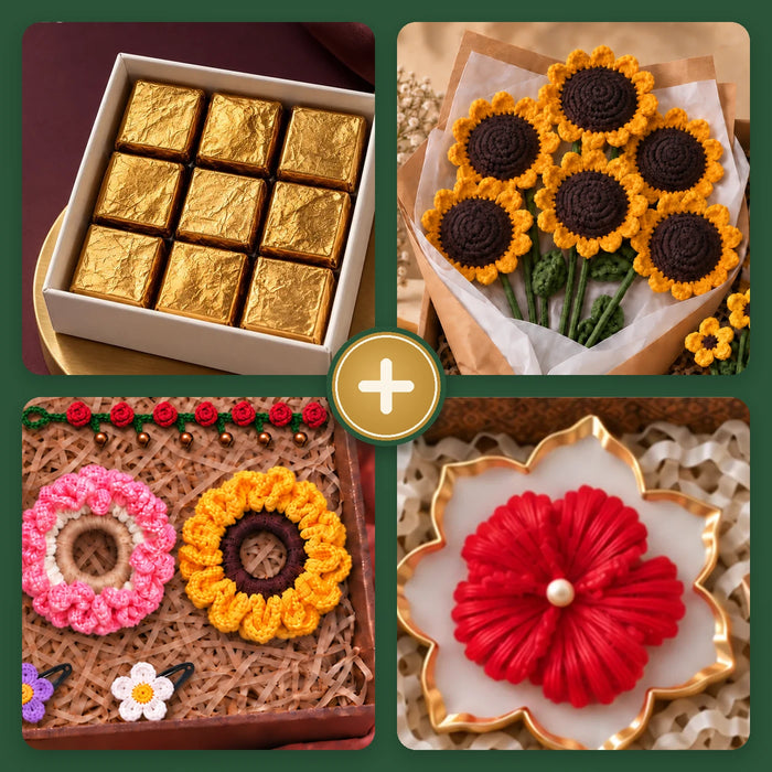 Build a Festive Hamper: gold wrapped chocolates and a diya urli, plus crochet gifts you pick, like a sunflower bouquet