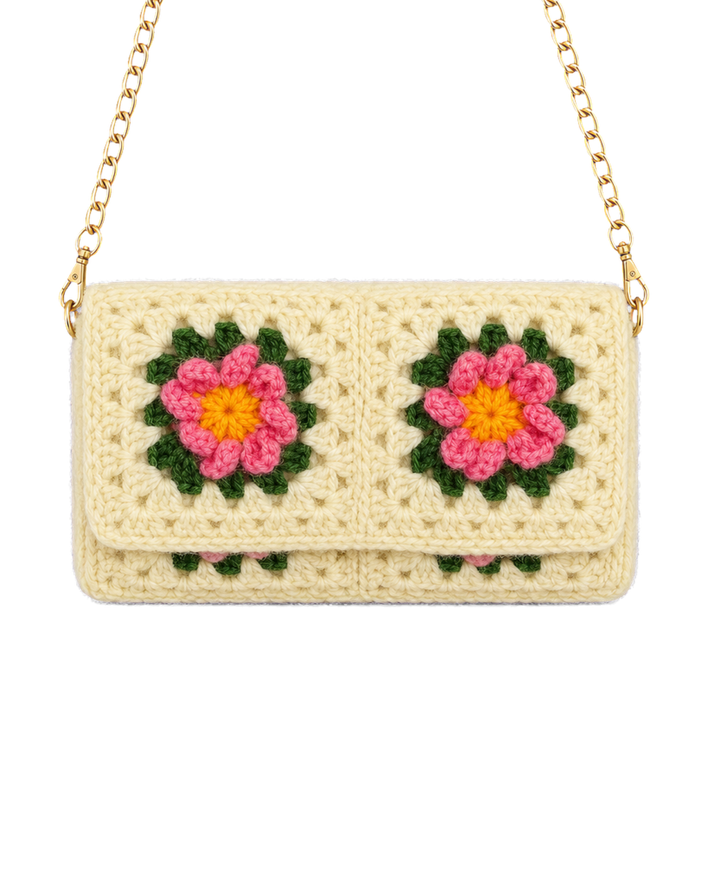 Cream granny square crochet clutch with pink flowers and a gold chain strap