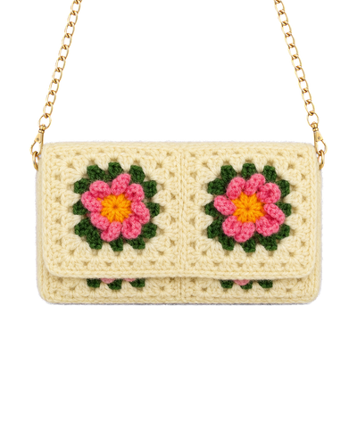 Cream granny square crochet clutch with pink flowers and a gold chain strap