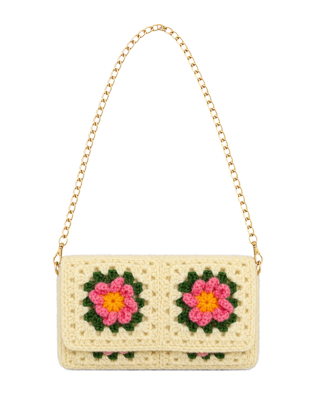 Granny Square Crochet Clutch with Gold Chain in Dark Off White