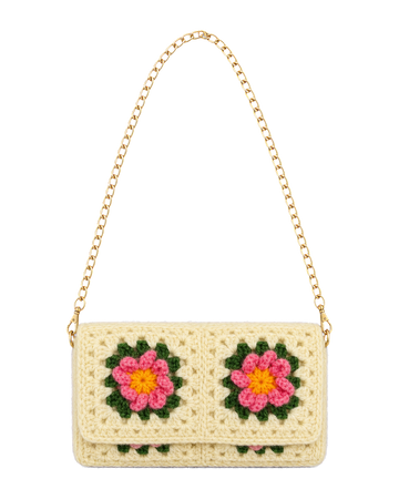 Granny Square Crochet Clutch with Gold Chain (Dark Off White)