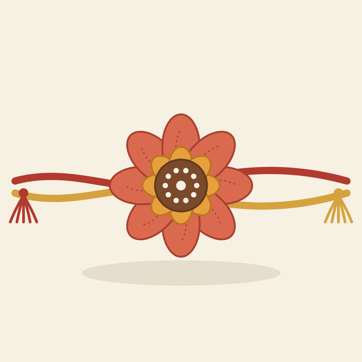 Illustration of a red crochet flower rakhi on a red and gold thread