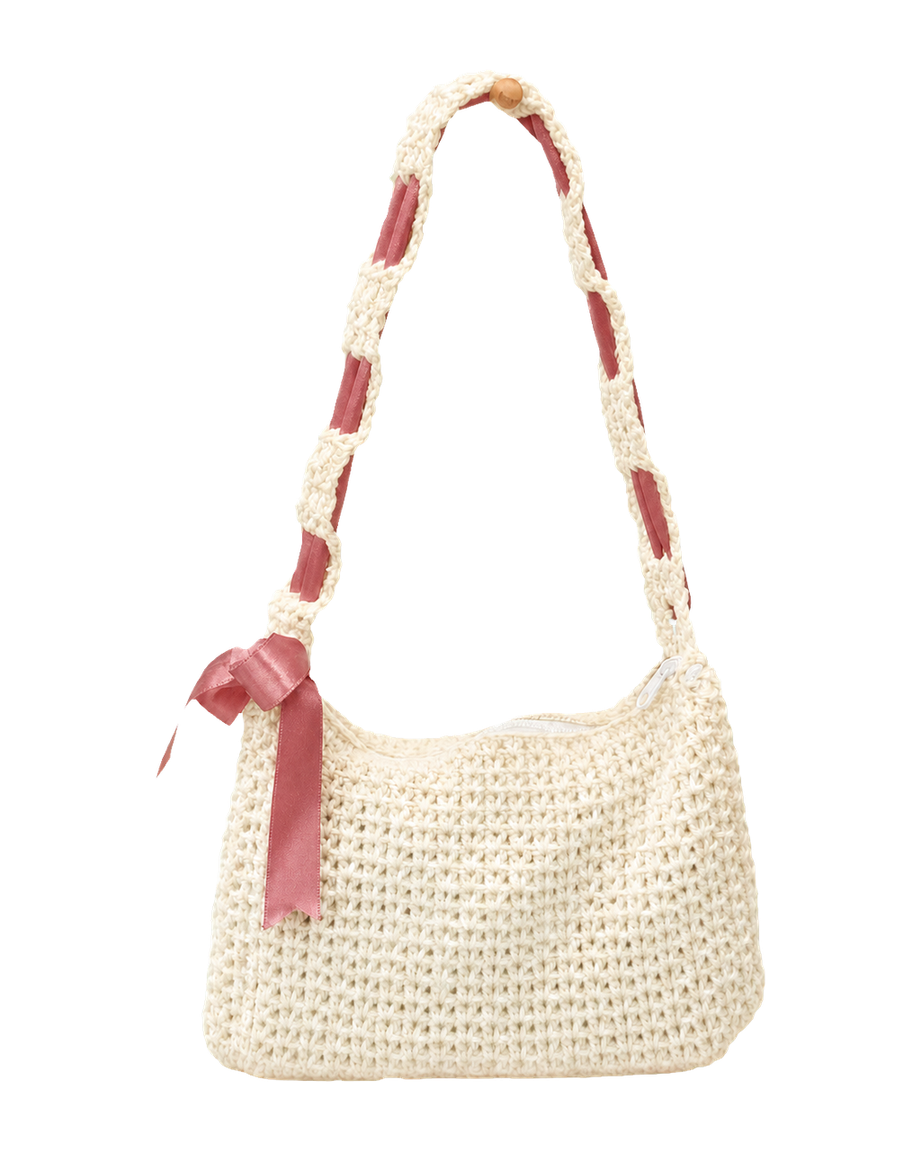 Pink Crochet Shoulder Bag in Off White