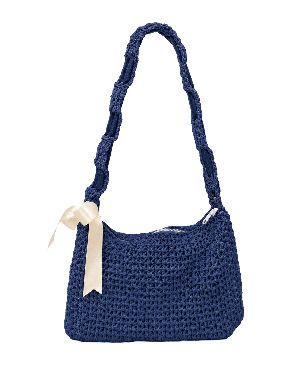 Pink Crochet Shoulder Bag in Navy Blue