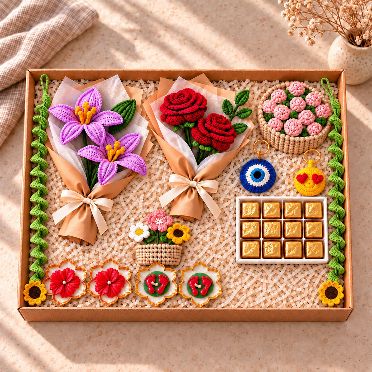 Pehli Diwali Hamper box: crochet lily and rose bouquets, sunflower spiral hangings, rose coasters, keychains, chocolates, diya urlis
