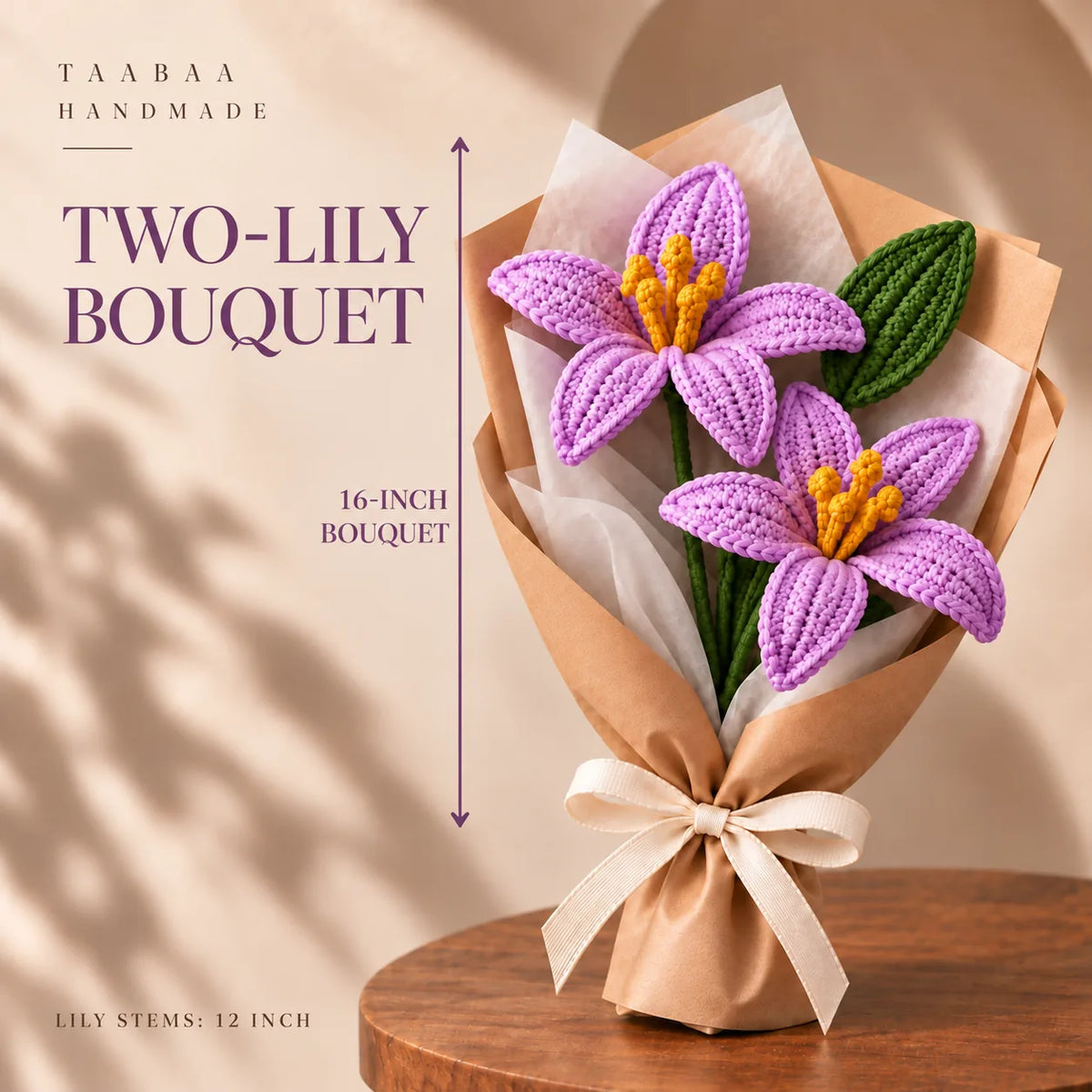Lily Bouquet of two lavender crochet lilies, 16 inch, from the Pehli Diwali Hamper