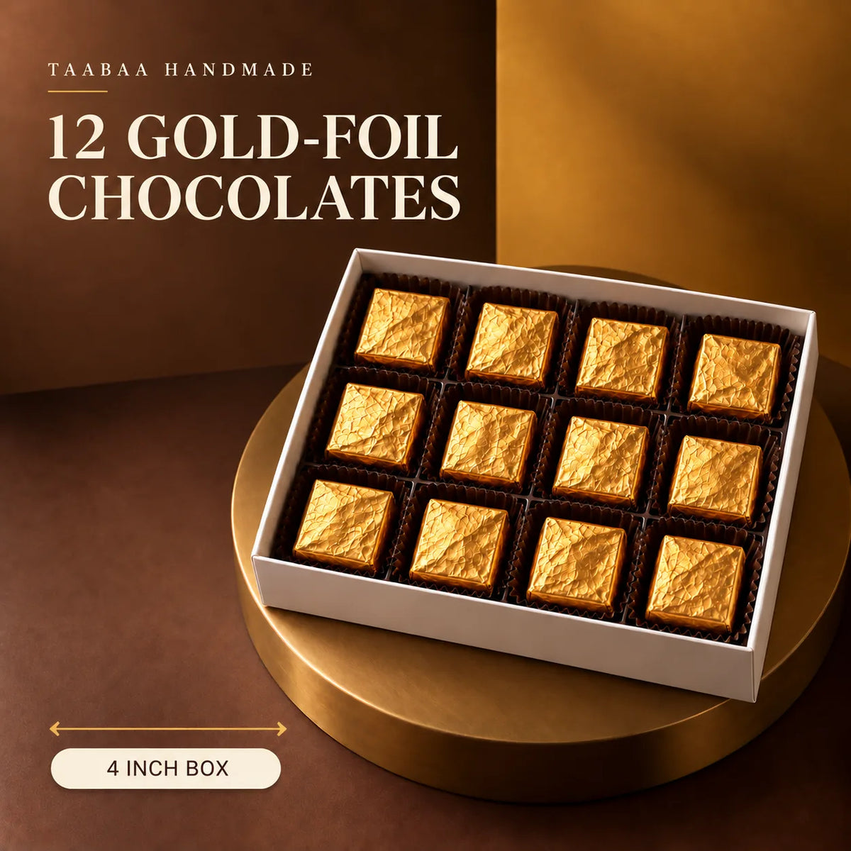 Twelve gold foil chocolates in a 4 inch box, from the Pehli Diwali Hamper