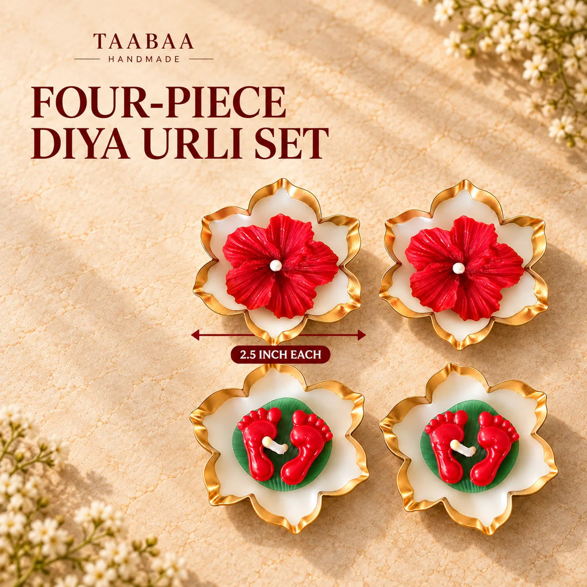 Four diya urlis, two hibiscus and two Laxmi Paduka, 2.5 inch each, from the Pehli Diwali Hamper