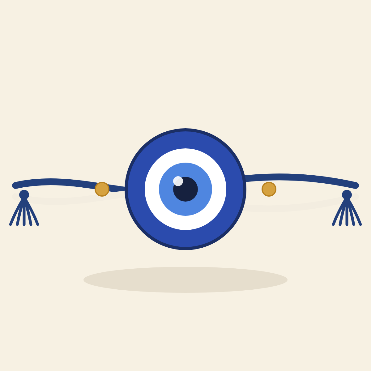 Illustration of a blue evil eye rakhi on a navy and white thread