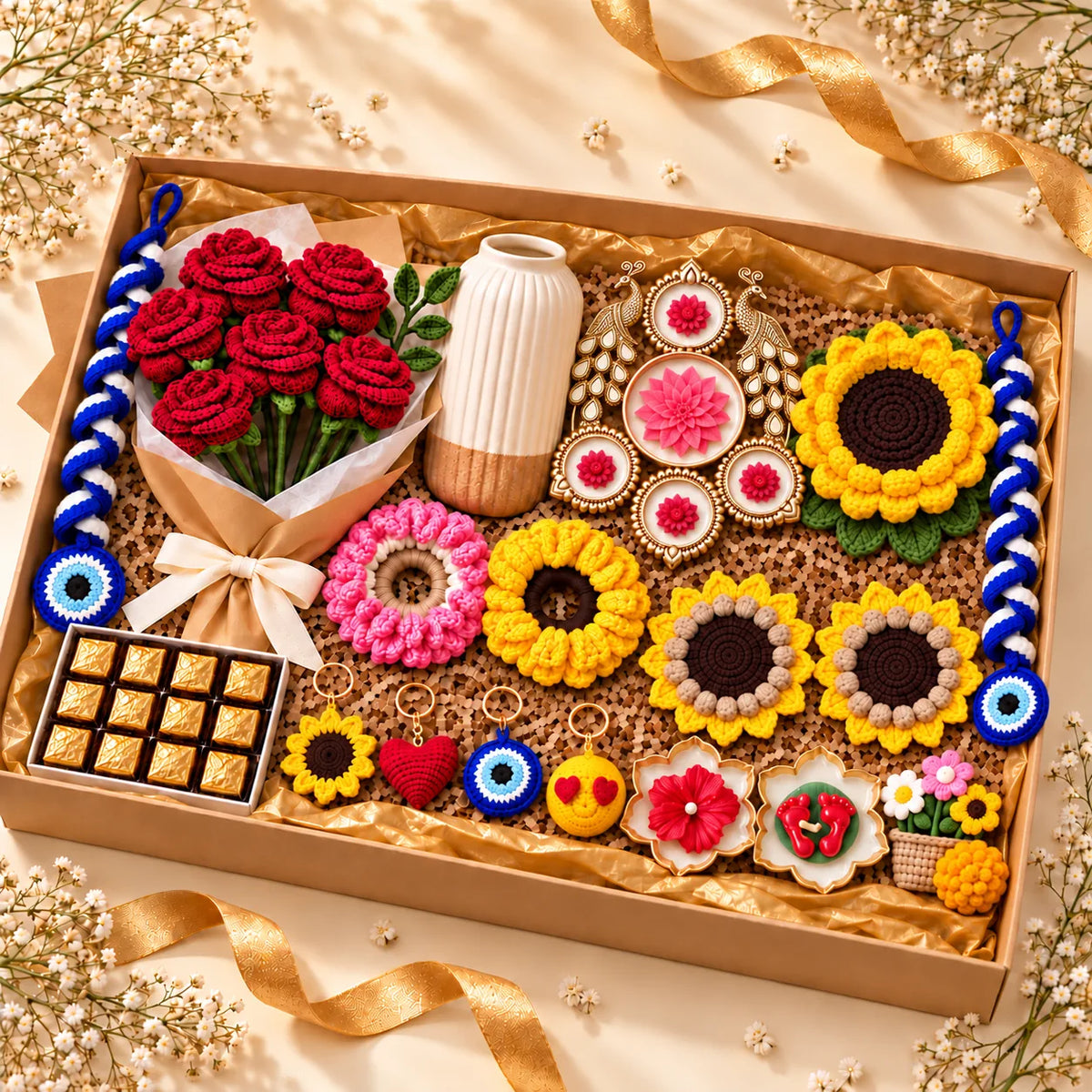 Sabki Diwali Hamper box: six red crochet rose bouquet, ribbed vase, peacock urli, sunflower centrepiece and coasters, spiral hangings, keychains, scrunchies, chocolates