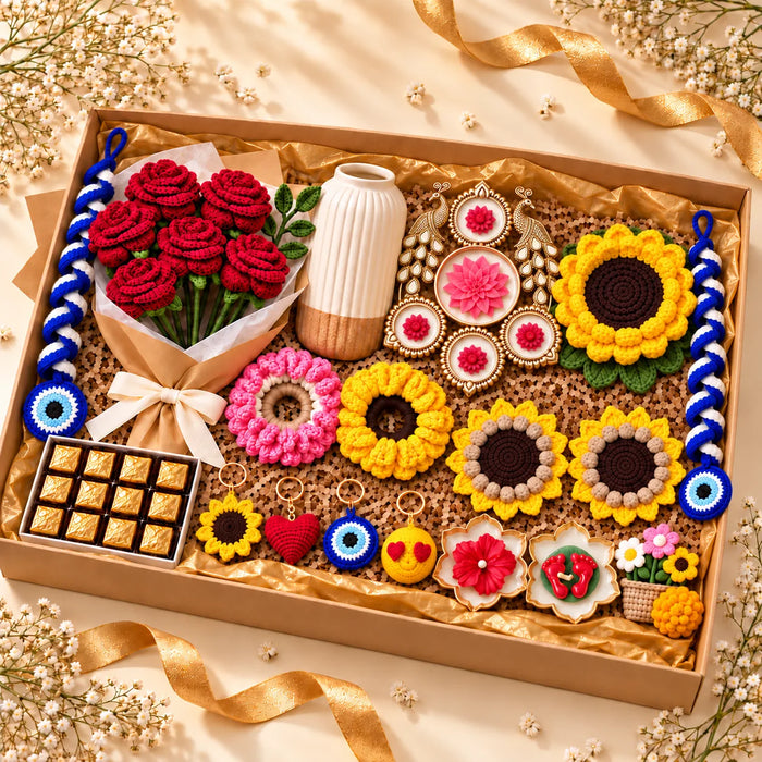 Sabki Diwali Hamper box: six red crochet rose bouquet, ribbed vase, peacock urli, sunflower centrepiece and coasters, spiral hangings, keychains, scrunchies, chocolates
