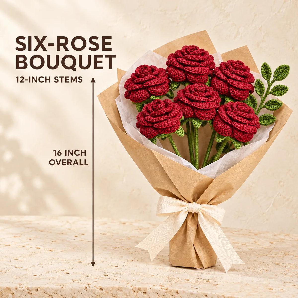 Red Rose Bouquet of six crochet roses, 16 inch, from the Sabki Diwali Hamper