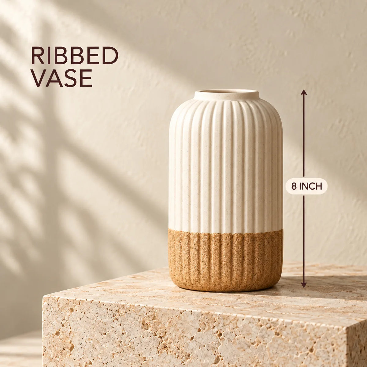 Ribbed Vase, 8 inch, white with a tan band, from the Sabki Diwali Hamper