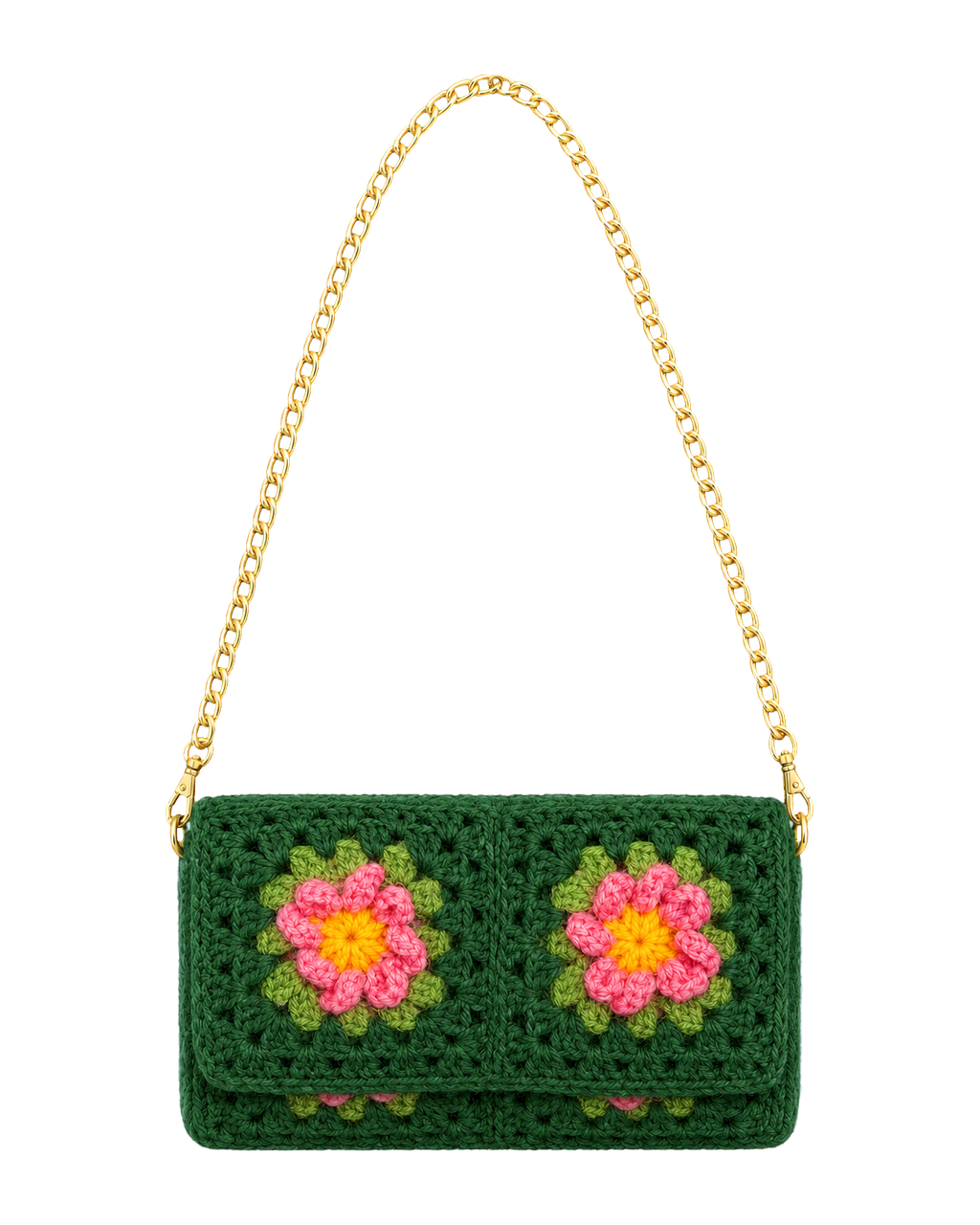 Granny Square Crochet Clutch with Gold Chain in Dark Green