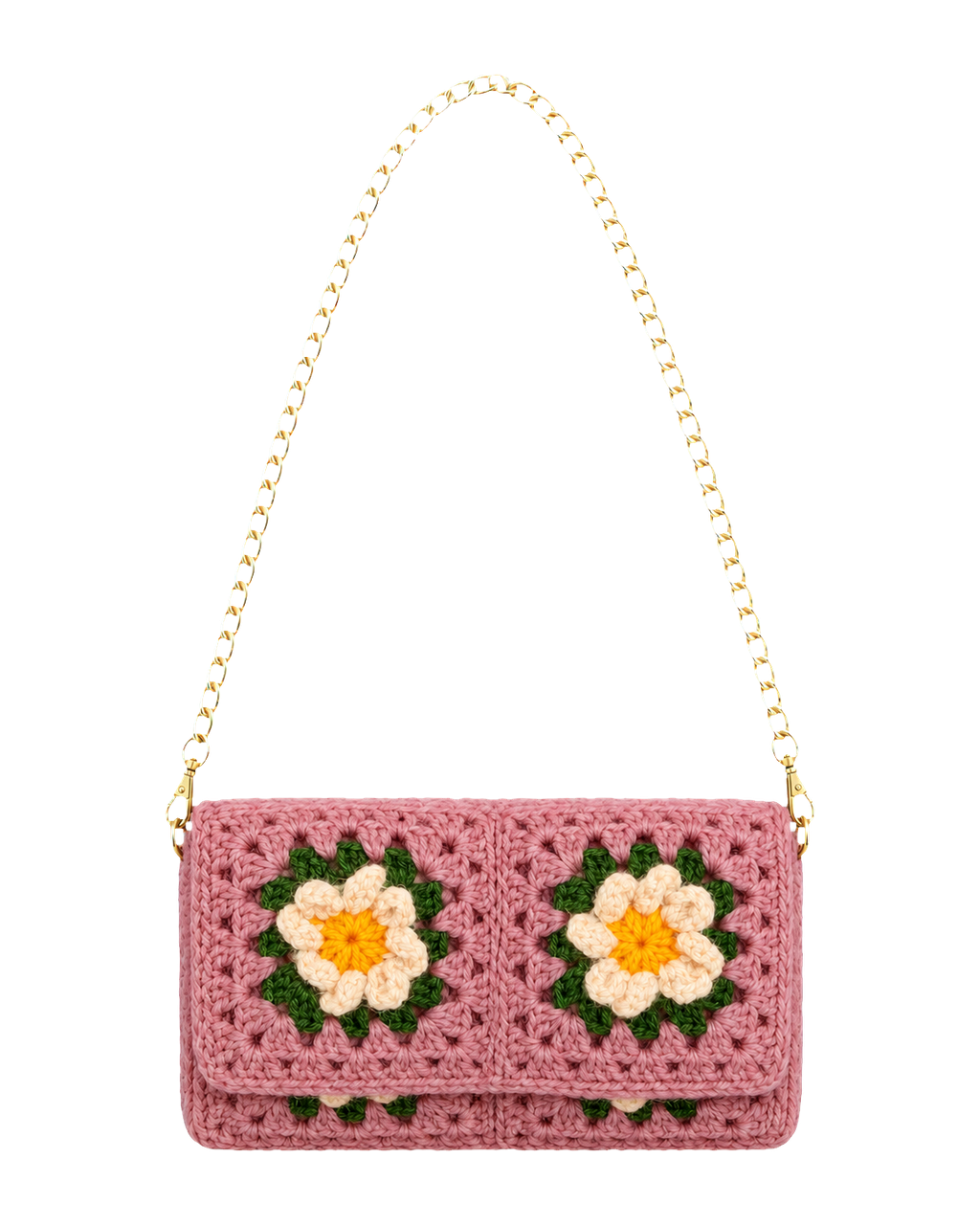Granny Square Crochet Clutch with Gold Chain in Baby Pink