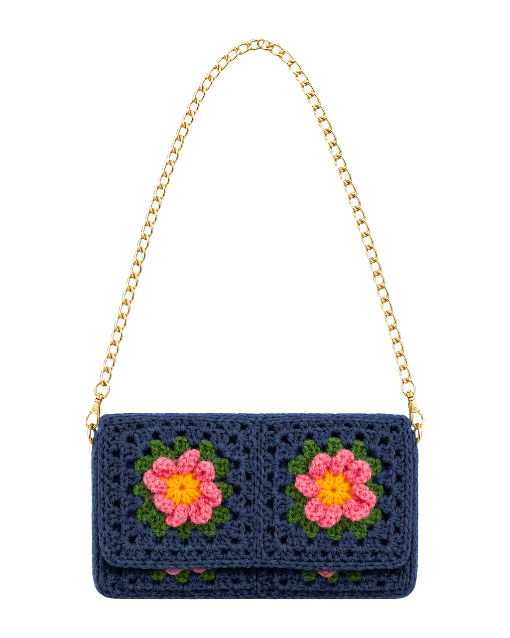 Granny Square Crochet Clutch with Gold Chain in Navy Blue