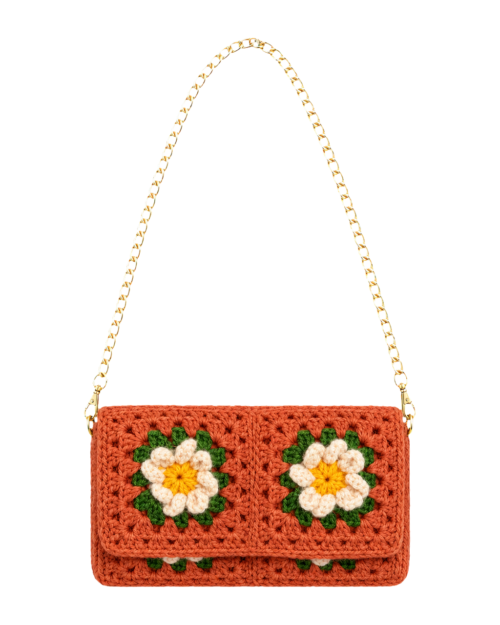 Granny Square Crochet Clutch with Gold Chain in Light Brown