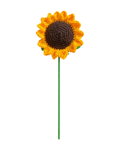 Crochet sunflower with yellow petals and a dark brown centre on a long green stem