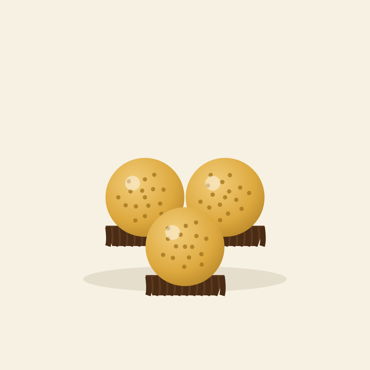 Illustration of three gold-wrapped chocolate truffles in brown cups