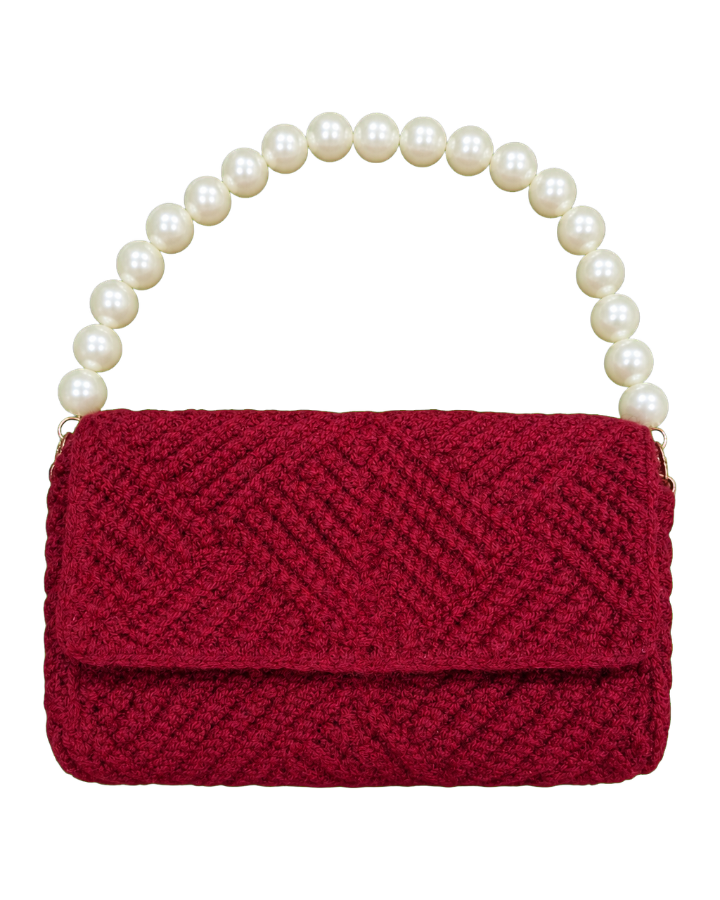 Maroon crochet handbag with chevron stitch and cream faux-pearl handle