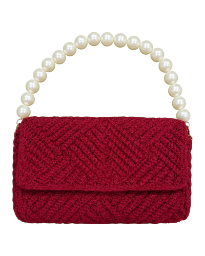 Maroon crochet handbag with chevron stitch and cream faux-pearl handle
