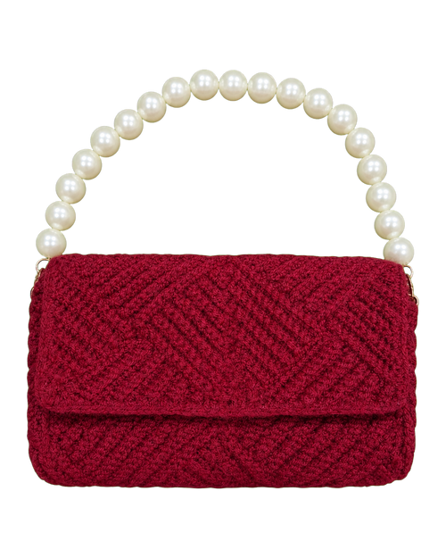 Maroon Pearl Handle Crochet Bag
