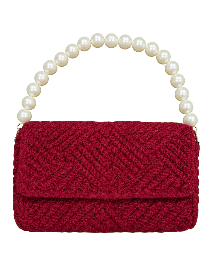 Maroon Pearl Handle Crochet Bag