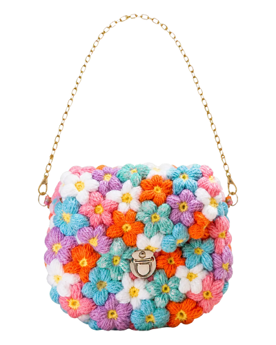 Puff Flower Sling Bag in multicoloured crochet flowers with a gold-tone chain, front view