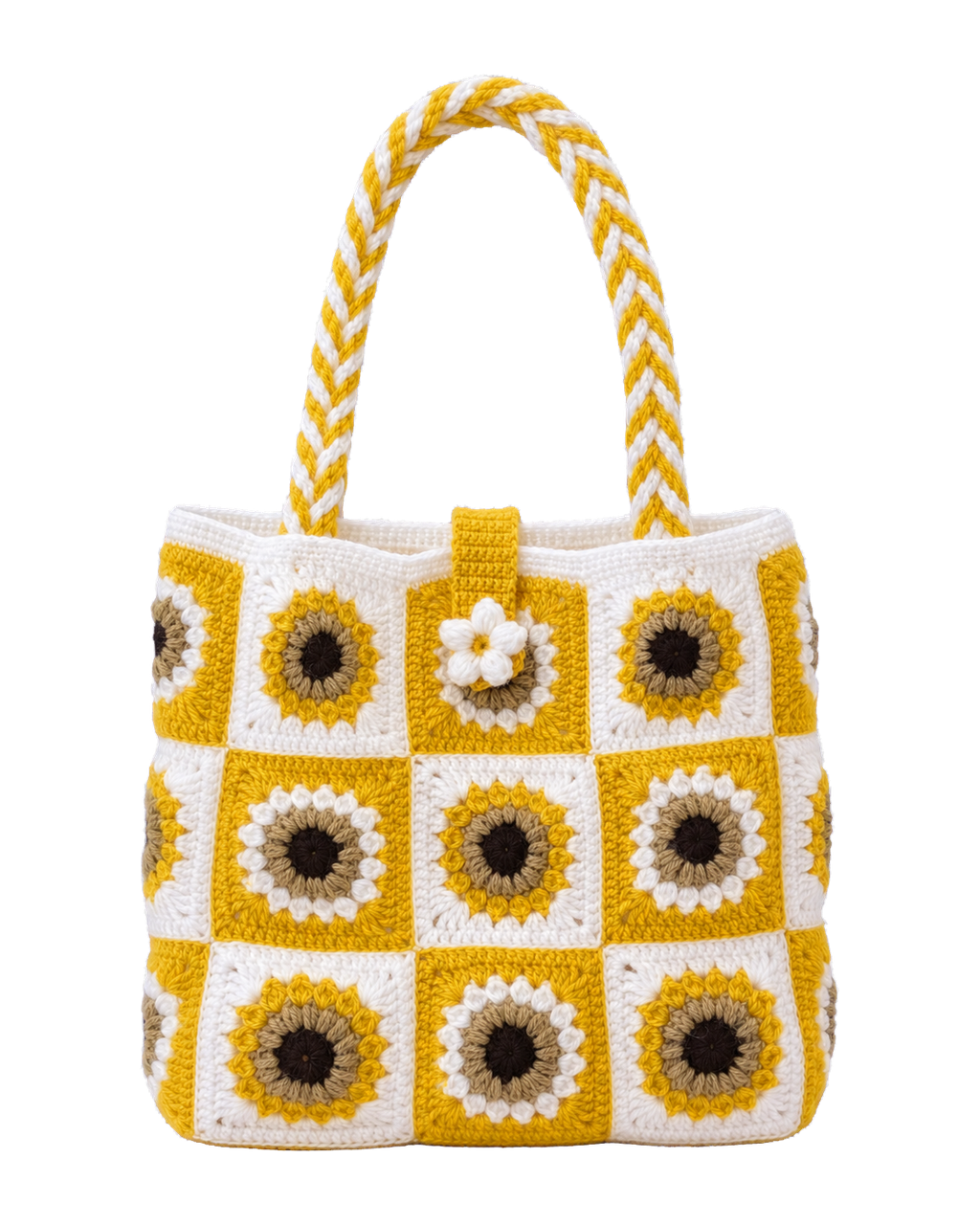 Mustard and white crocheted granny square tote bag with sunflower motifs and braided handles