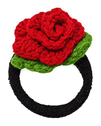 Rose Hair Tie in Bright Red, a crochet rose with green leaves on a black hair elastic