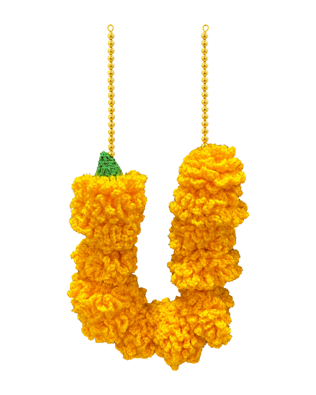 Saffron crocheted marigold garland swag hanging from two golden bead chains with a green leaf accent