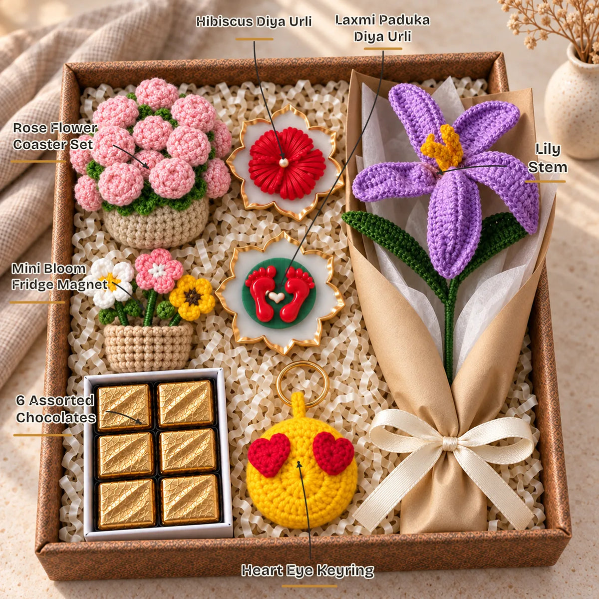 Labelled contents of the Chai Pe Festive Hamper: rose coasters, heart-eye keyring, magnet, lily, chocolates, 2 urlis
