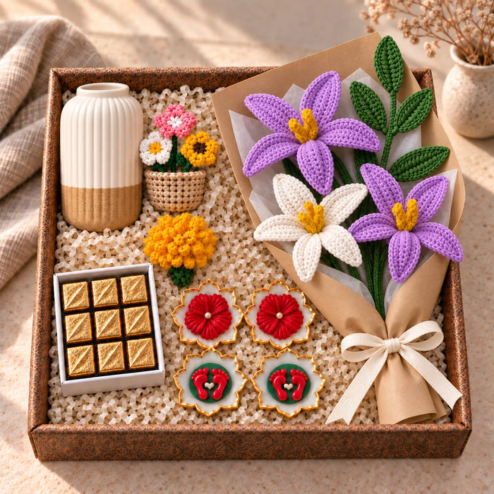 Forever Phooljhadi Hamper box: purple and white crochet lily bouquet, ribbed vase, marigold, chocolates, urlis