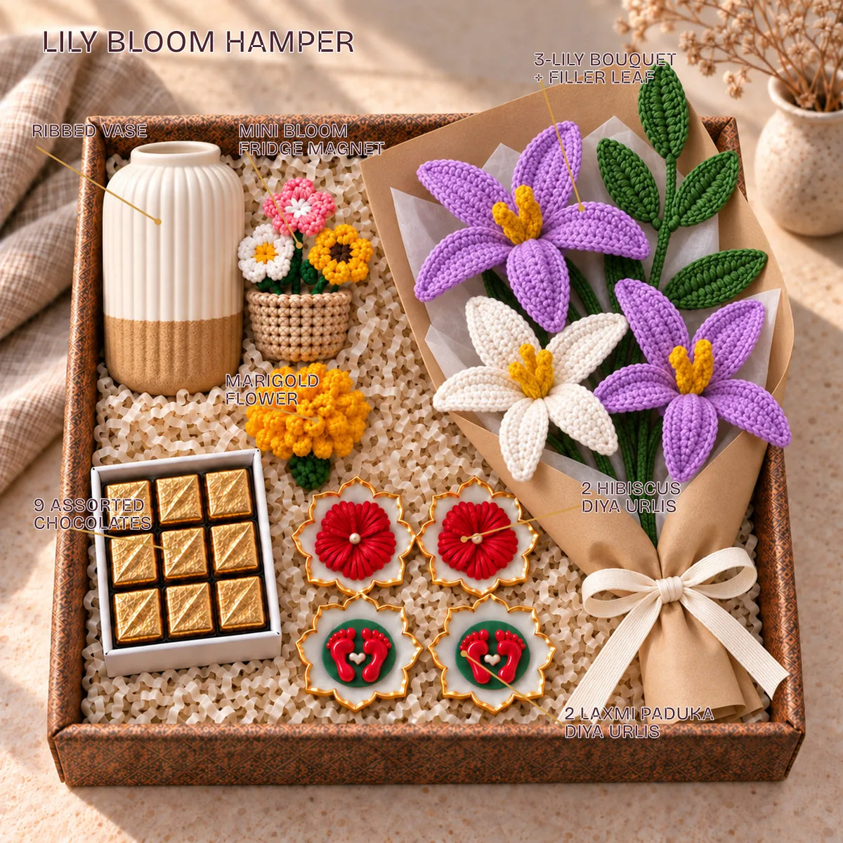 Labelled contents of the Forever Phooljhadi Hamper: lily bouquet, ribbed vase, marigold, magnet, chocolates, 4 urlis