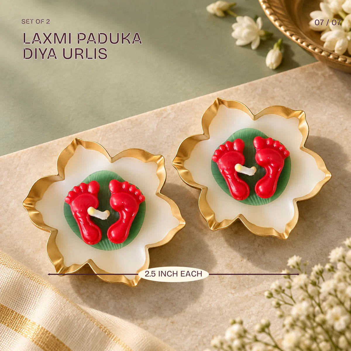 Two Laxmi Paduka Diya Urlis, 2.5 inch, from the Forever Phooljhadi Hamper