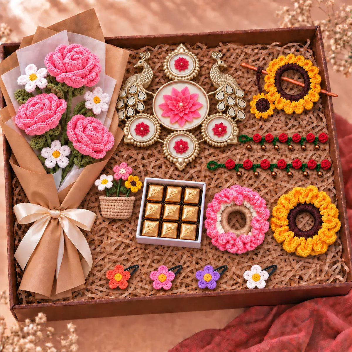 Pretty Patakha Hamper box: pink crochet rose bouquet, peacock diya urli, scrunchies, payals, hairpins, chocolates