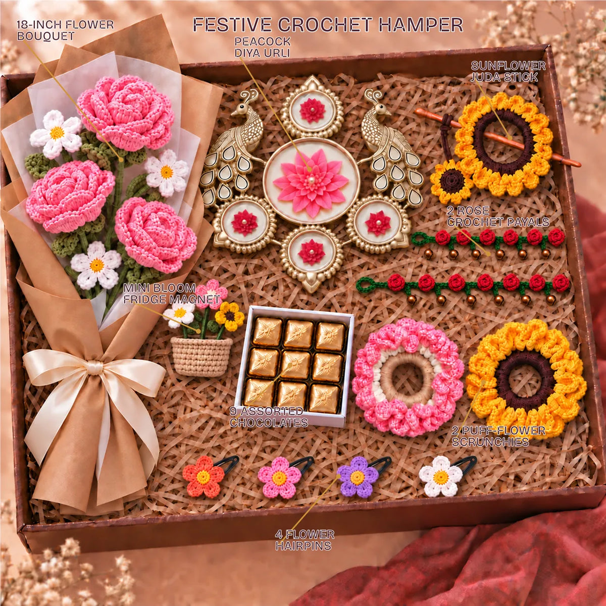 Labelled contents of the Pretty Patakha Hamper: bouquet, juda stick, payals, scrunchies, hairpins, chocolates, urli