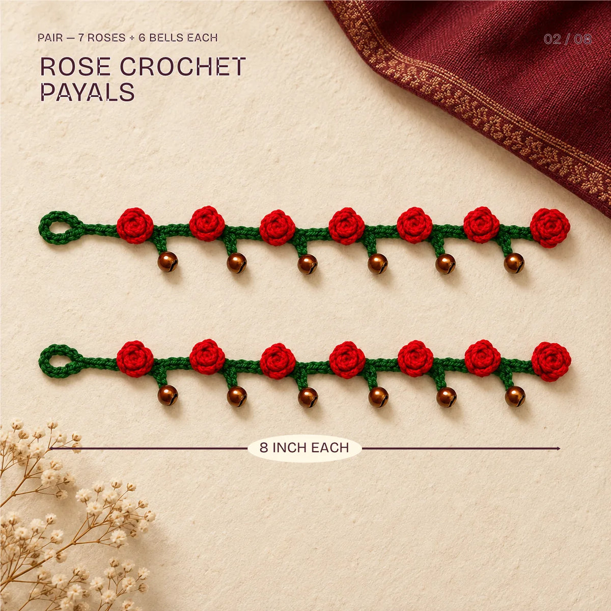 Two Rose Crochet Payals, 8 inch, from the Pretty Patakha Hamper