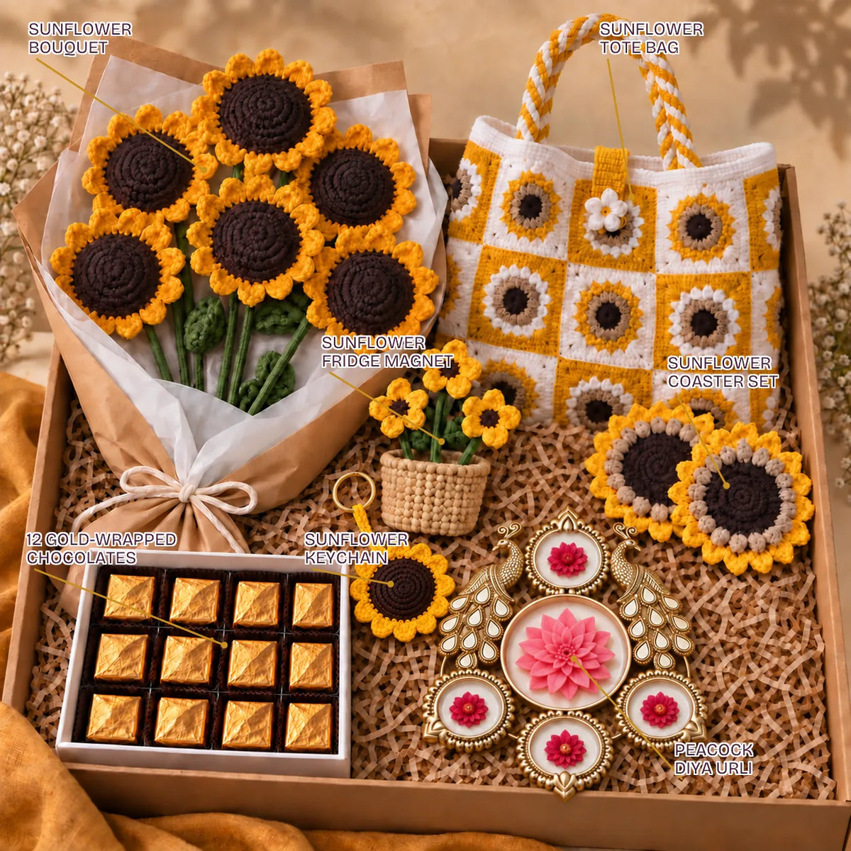 Labelled contents of the Sunflower Wala Festive Hamper: bouquet, tote, coasters, magnet, keychain, chocolates, urli