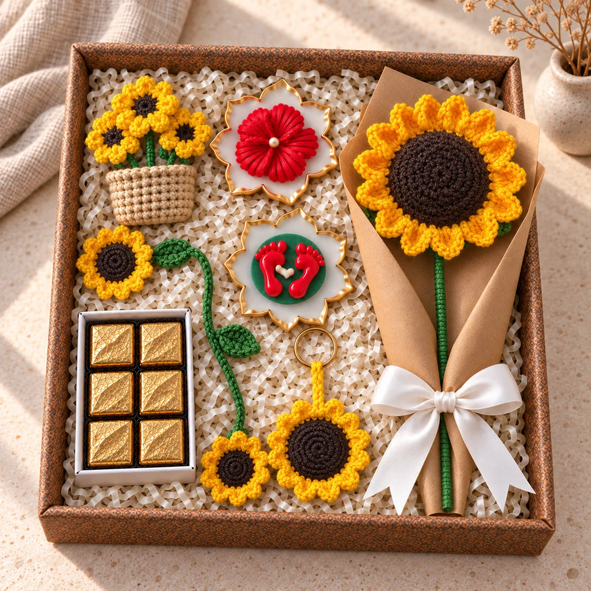 Sunny Festive Hamper box: kraft-wrapped crochet sunflower, sunflower keychain and bookmark, chocolates, diya urlis