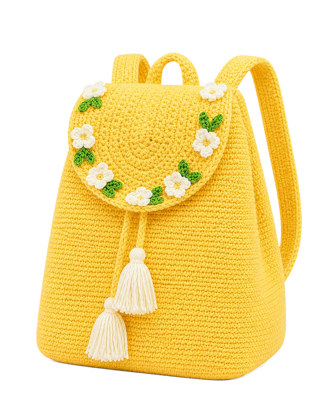 Yellow daisy crochet backpack seen at an angle, showing its depth and long shoulder straps
