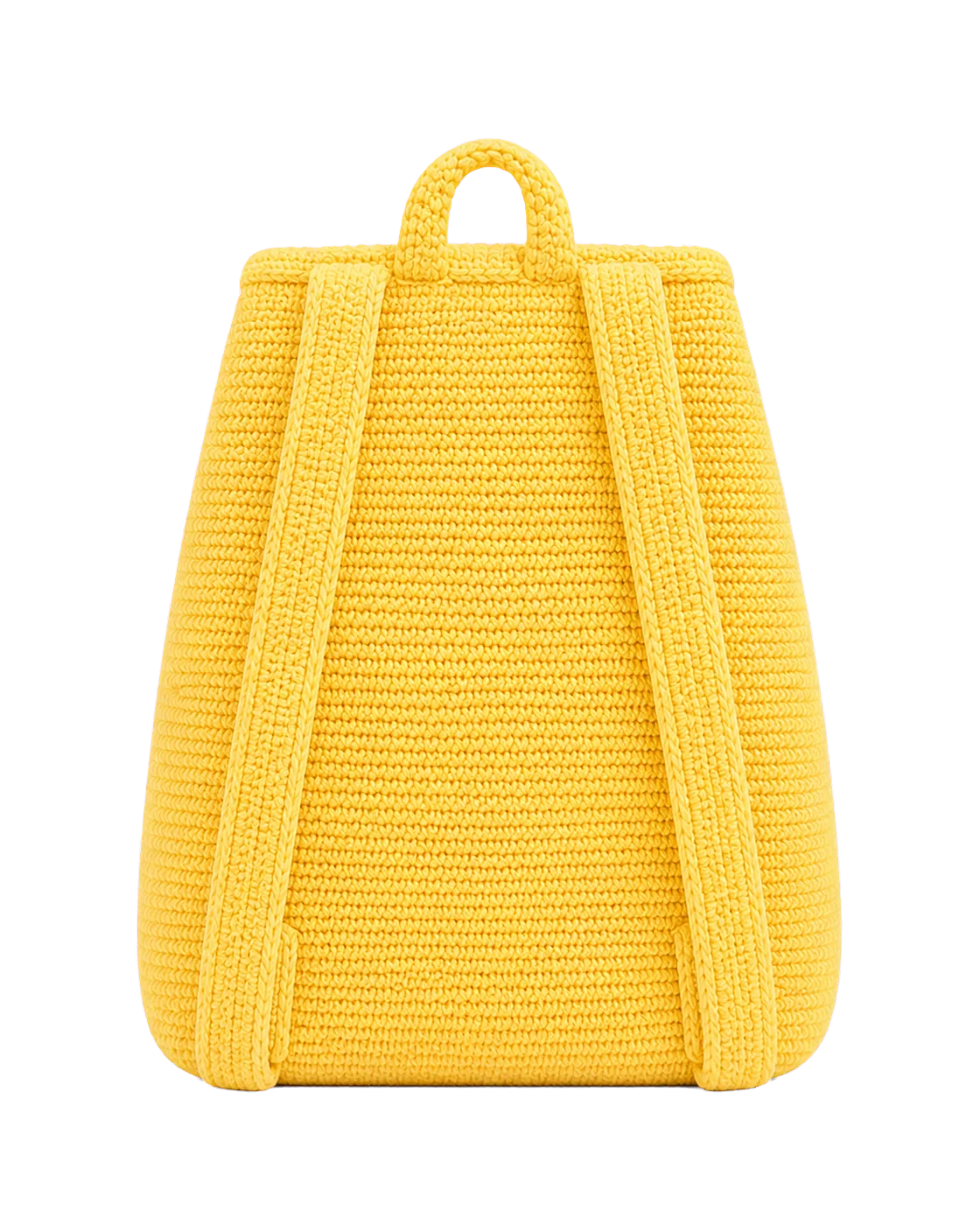 Back of the yellow daisy crochet backpack showing both shoulder straps and the top carry loop