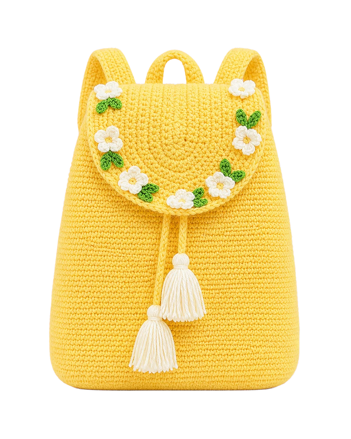 Yellow crochet backpack with a ring of white daisies on the flap and two cream tassels, front view