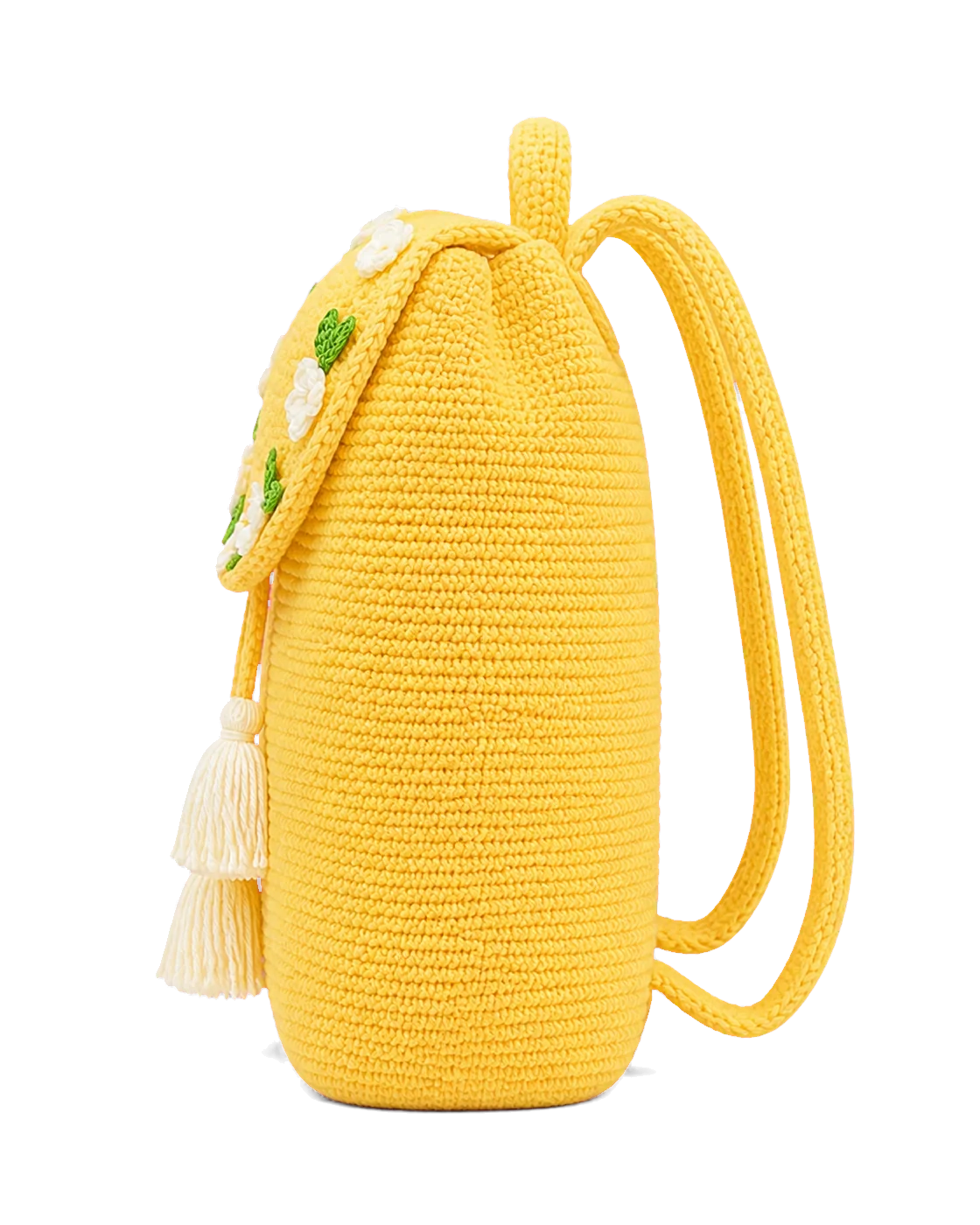 Side profile of the yellow daisy crochet backpack showing its depth and the drawstring tassels